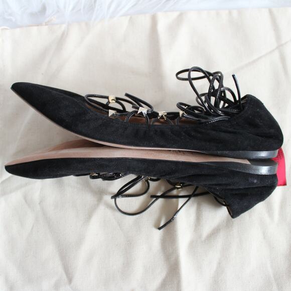 Valentino Black Suede Gold Rockstud Lace Up Ankle-Wrap Pointed Ballet Flat - Picture 4 of 10